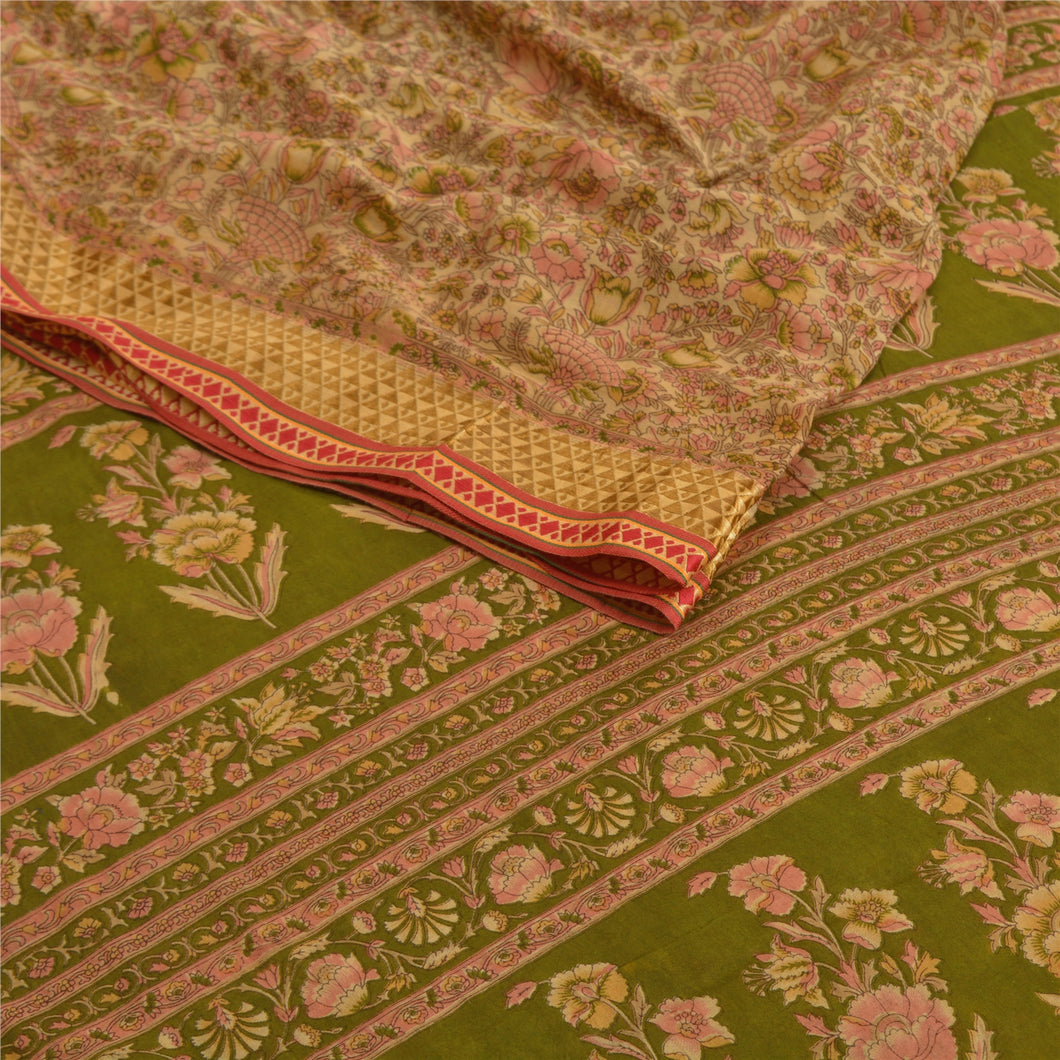 Sanskriti Vintage Sarees Cream Pure Cotton Printed Sari Floral Soft Craft Fabric