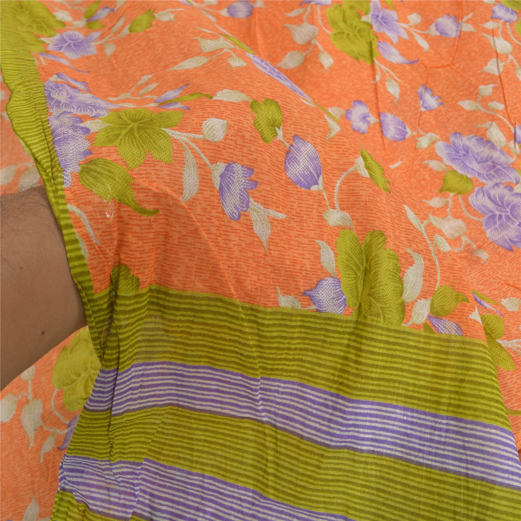 Sanskriti Vintage Sarees Orange Indian Pure Cotton Sari Printed 5yd Craft Fabric
