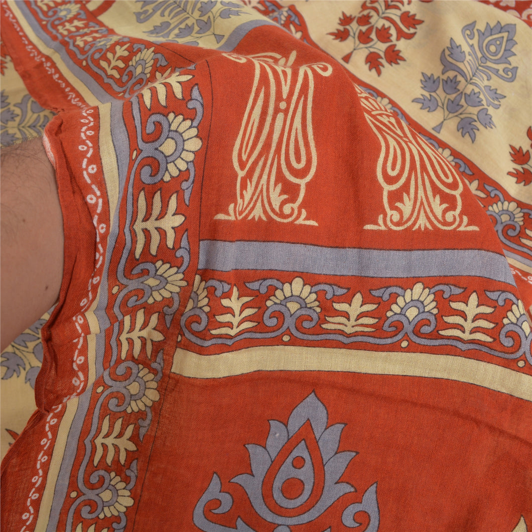 Sanskriti Vintage Sarees Orange Pure Cotton Printed Sari Soft 5YD Craft Fabric