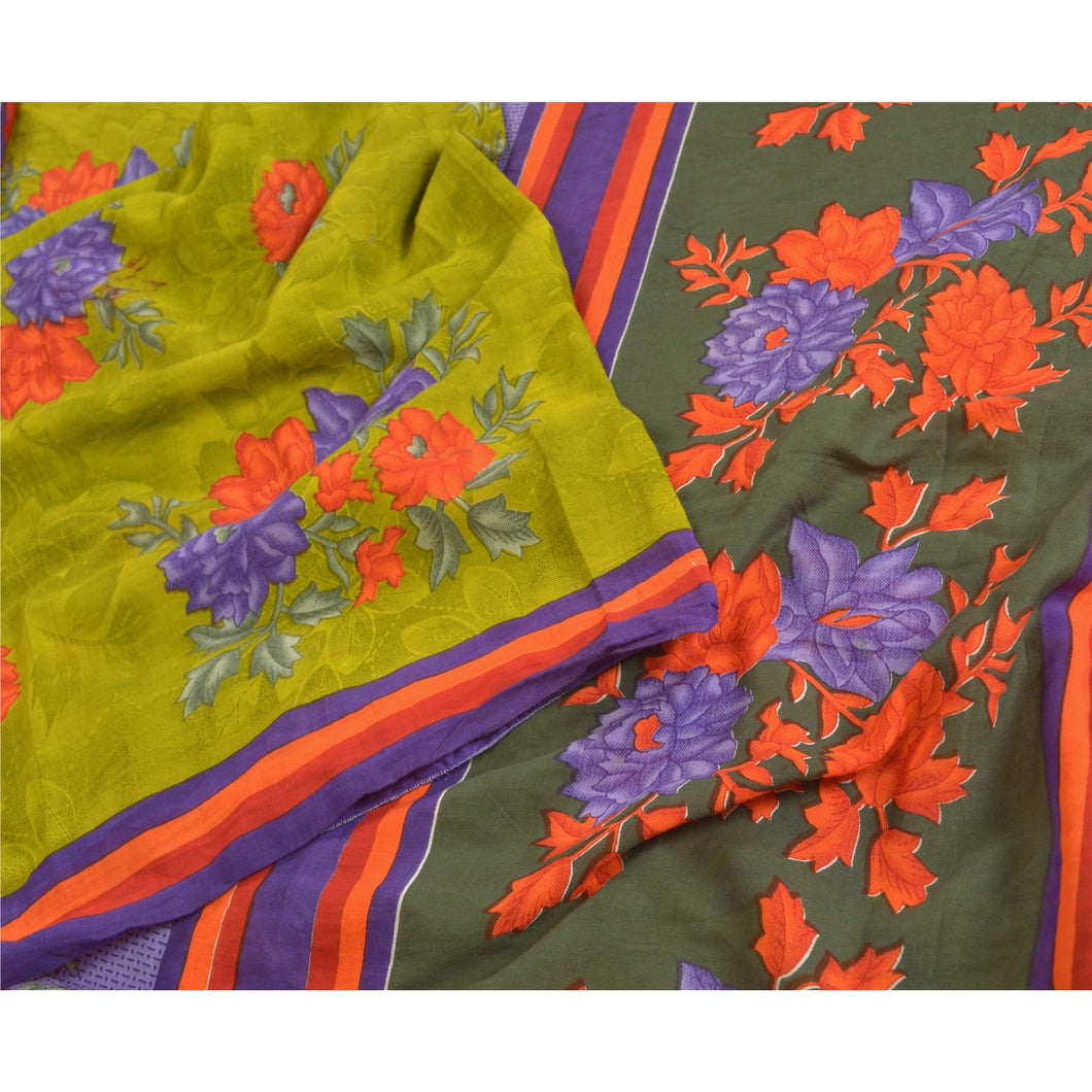 Sanskriti Vintage Sarees Green Printed Pure Cotton Sari 5yd Floral Craft Fabric