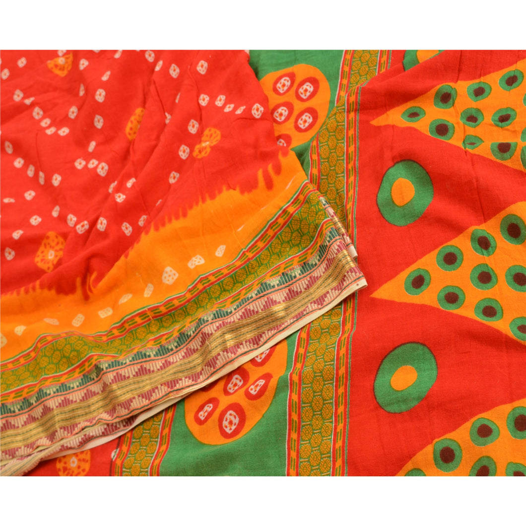 Sanskriti Vintage Sarees Red Bandhani Printed Pure Cotton Sari Soft Craft Fabric