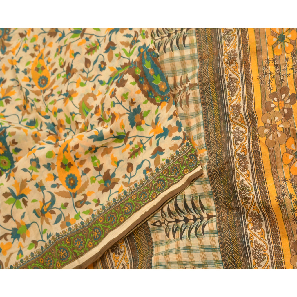 Sanskriti Vintage Sarees Peach Indian Pure Cotton Printed Sari 5yd Craft Sustainable Fabric