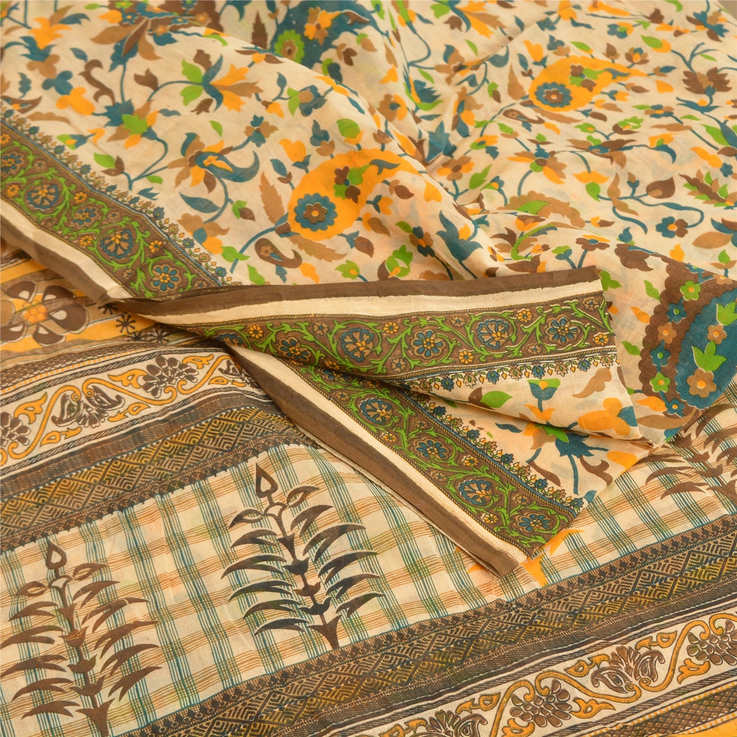 Sanskriti Vintage Sarees Peach Indian Pure Cotton Printed Sari 5yd Craft Sustainable Fabric