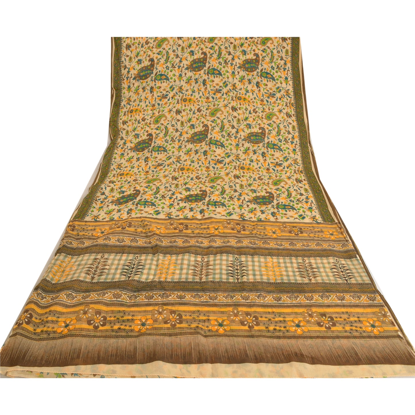 Sanskriti Vintage Sarees Peach Indian Pure Cotton Printed Sari 5yd Craft Sustainable Fabric