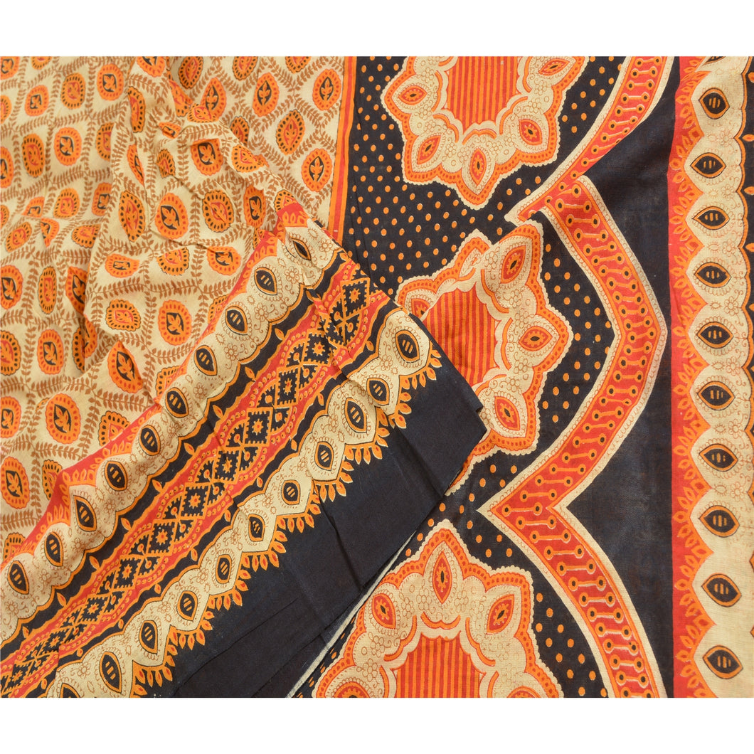 Sanskriti Vintage Sarees Orange Indian Pure Cotton Printed Sari 5yd Craft Fabric