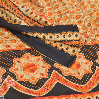 Sanskriti Vintage Sarees Orange Indian Pure Cotton Printed Sari 5yd Craft Sustainable Fabric