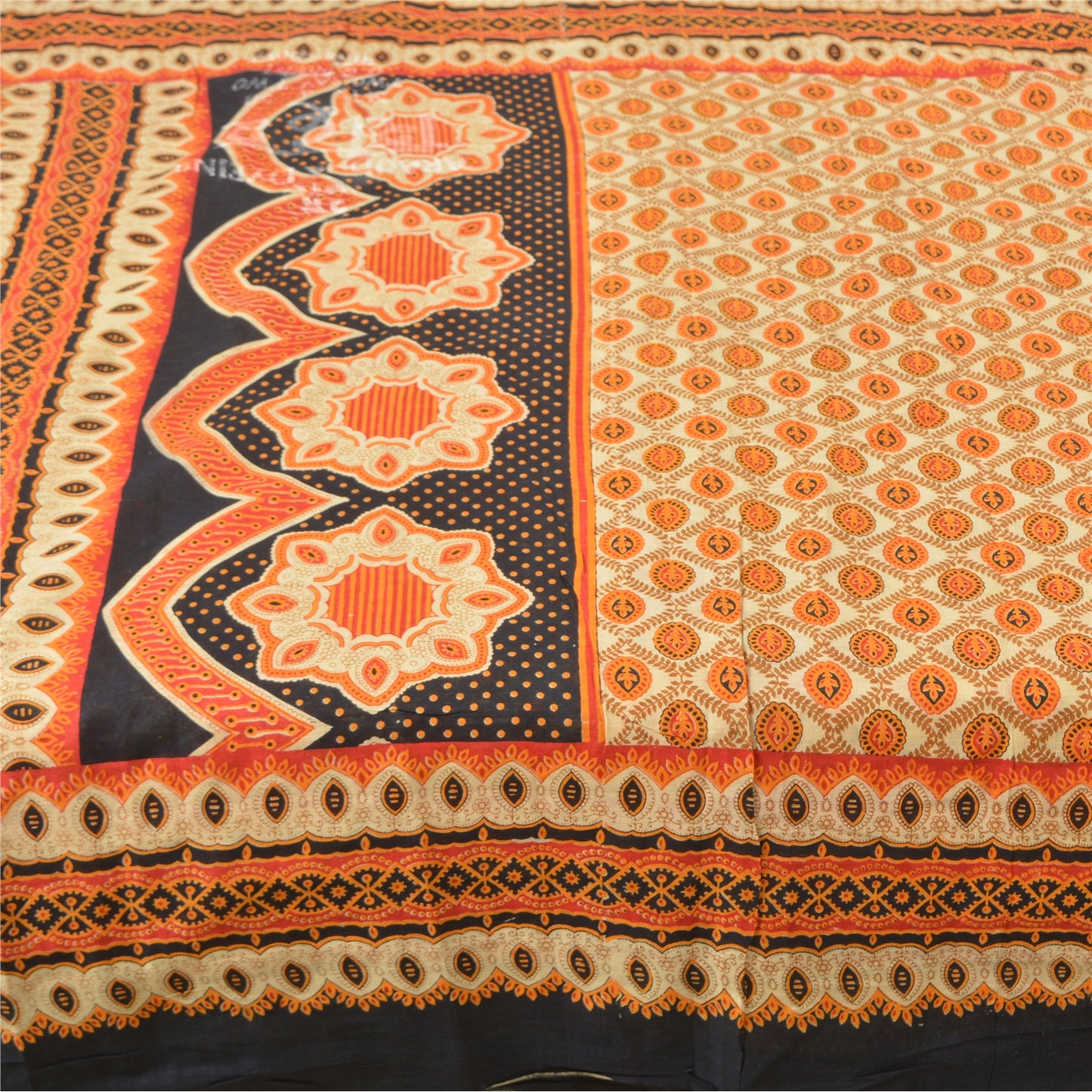 Sanskriti Vintage Sarees Orange Indian Pure Cotton Printed Sari 5yd Craft Sustainable Fabric