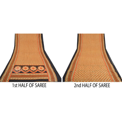 Sanskriti Vintage Sarees Orange Indian Pure Cotton Printed Sari 5yd Craft Sustainable Fabric