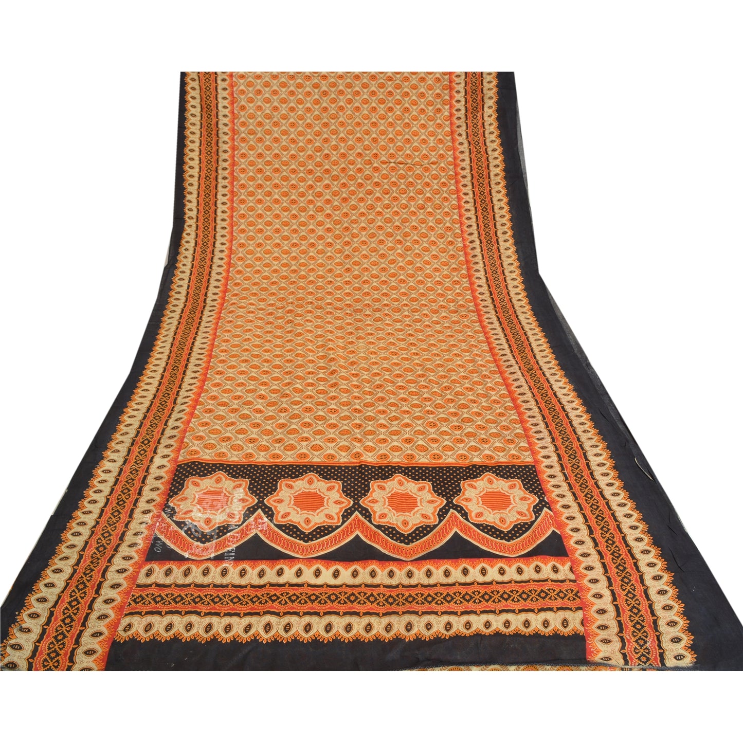 Sanskriti Vintage Sarees Orange Indian Pure Cotton Printed Sari 5yd Craft Sustainable Fabric