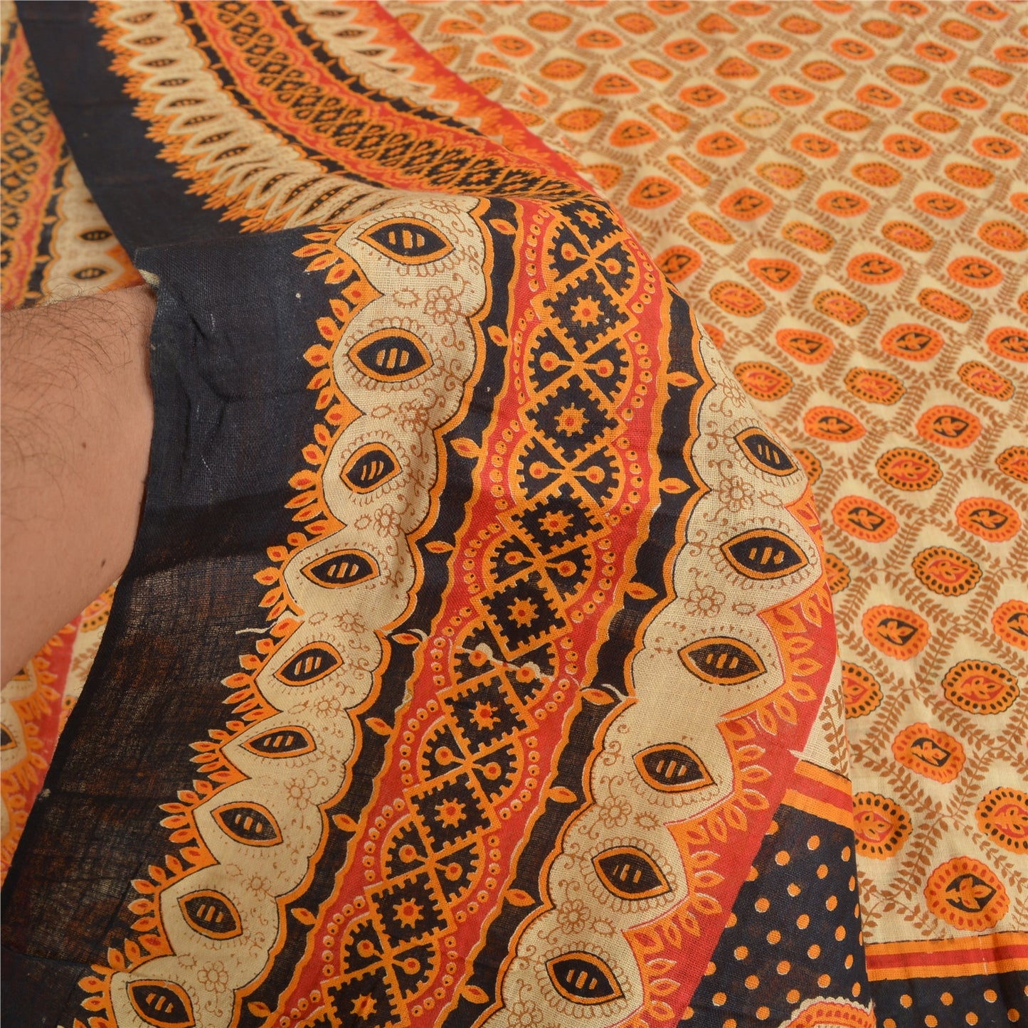 Sanskriti Vintage Sarees Orange Indian Pure Cotton Printed Sari 5yd Craft Sustainable Fabric