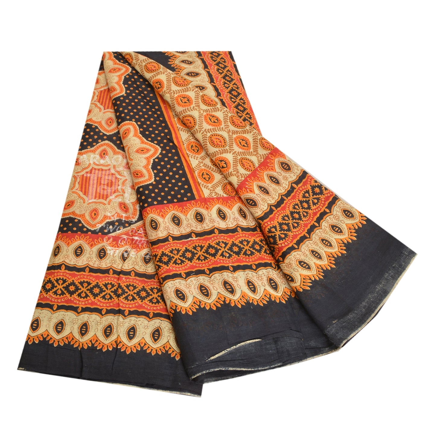 Sanskriti Vintage Sarees Orange Indian Pure Cotton Printed Sari 5yd Craft Sustainable Fabric