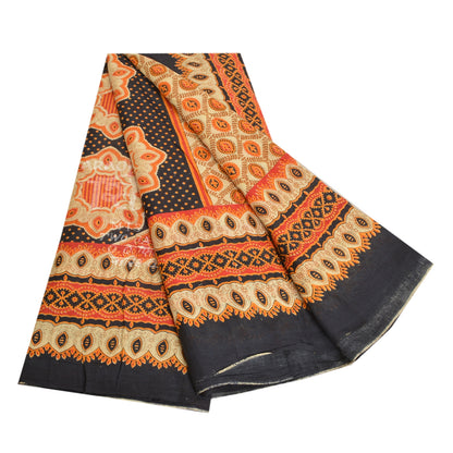 Sanskriti Vintage Sarees Orange Indian Pure Cotton Printed Sari 5yd Craft Sustainable Fabric