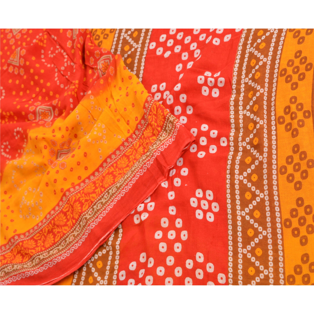Sanskriti Vintage Sarees Red Bandhani Printed Pure Cotton Sari 5yd Craft Fabric
