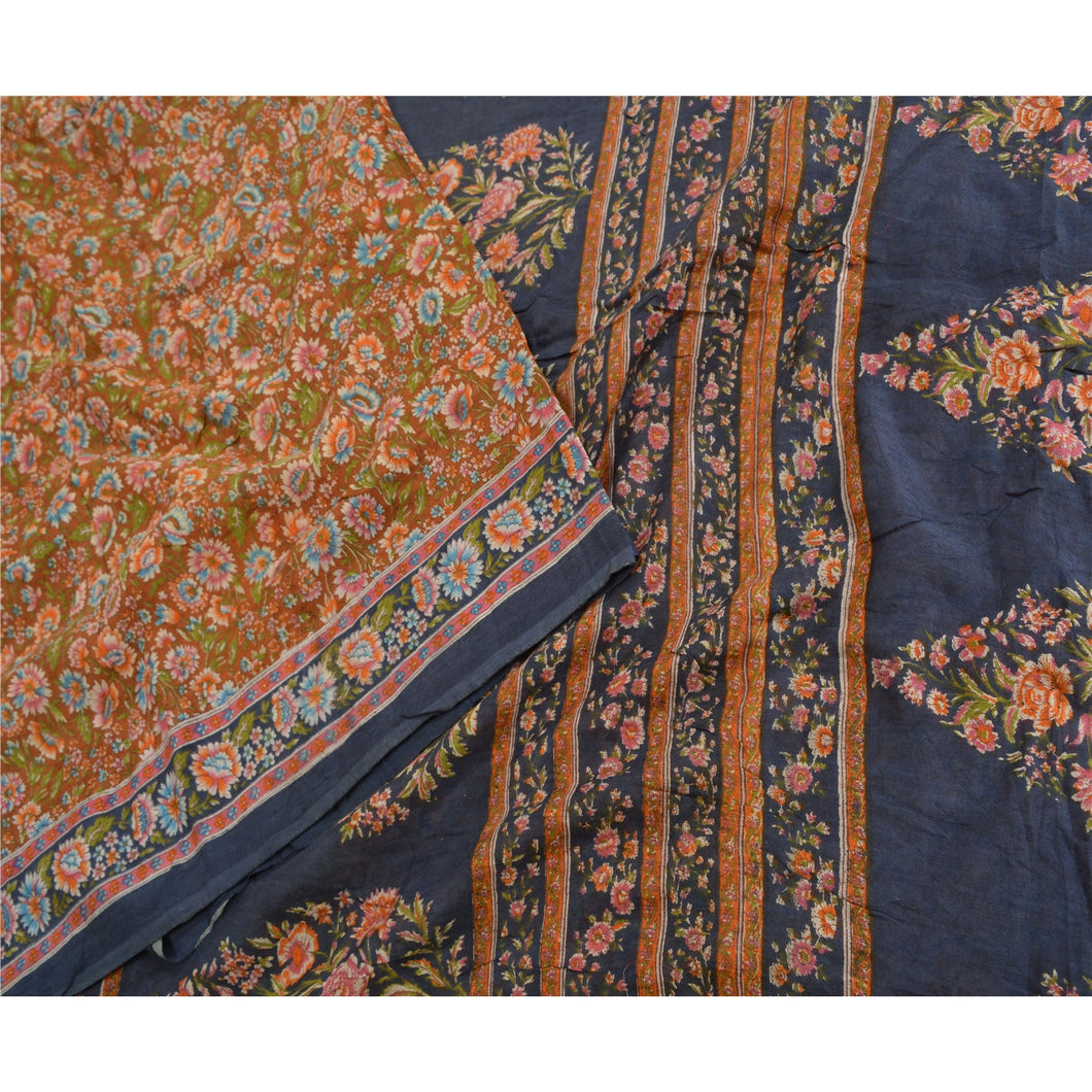 Sanskriti Vintage Sarees Indian Brown Pure Cotton Printed Sari Soft Craft Fabric