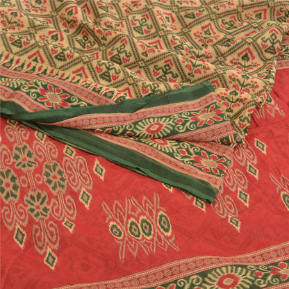 Sanskriti Vintage Sarees Cream Ikat Printed Indian Pure Cotton Sari Craft Sustainable Fabric