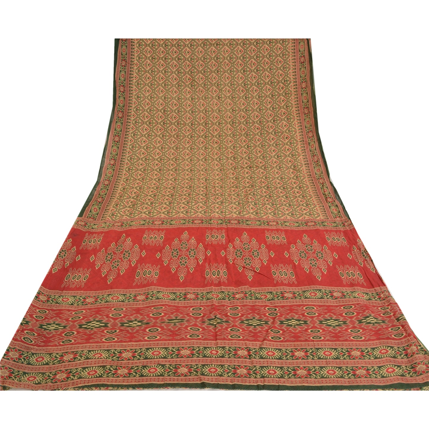 Sanskriti Vintage Sarees Cream Ikat Printed Indian Pure Cotton Sari Craft Sustainable Fabric