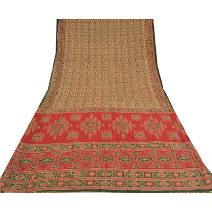 Sanskriti Vintage Sarees Cream Ikat Printed Indian Pure Cotton Sari Craft Sustainable Fabric