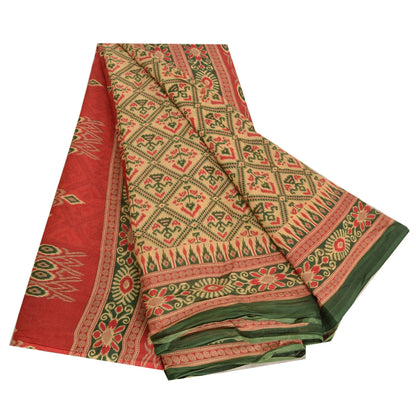 Sanskriti Vintage Sarees Cream Ikat Printed Indian Pure Cotton Sari Craft Sustainable Fabric