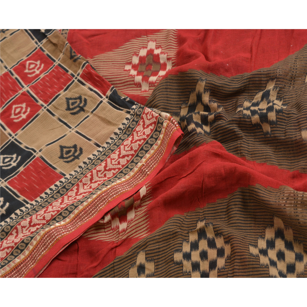 Sanskriti Vintage Sarees Red Ikat Printed Indian Pure Cotton Sari Craft Sustainable Fabric