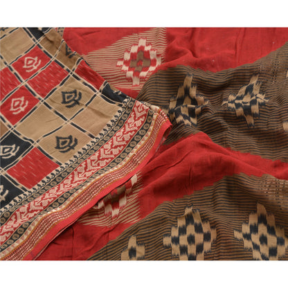 Sanskriti Vintage Sarees Red Ikat Printed Indian Pure Cotton Sari Craft Sustainable Fabric
