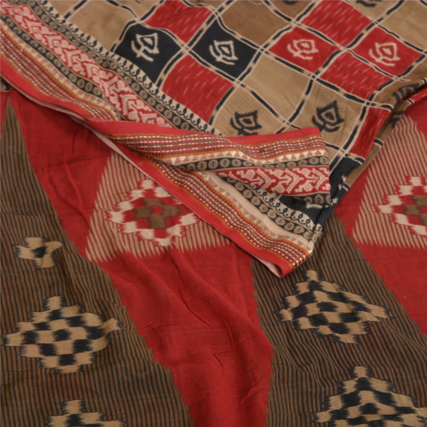 Sanskriti Vintage Sarees Red Ikat Printed Indian Pure Cotton Sari Craft Sustainable Fabric