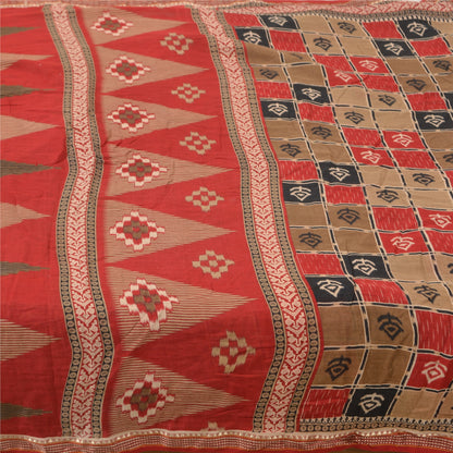 Sanskriti Vintage Sarees Red Ikat Printed Indian Pure Cotton Sari Craft Sustainable Fabric