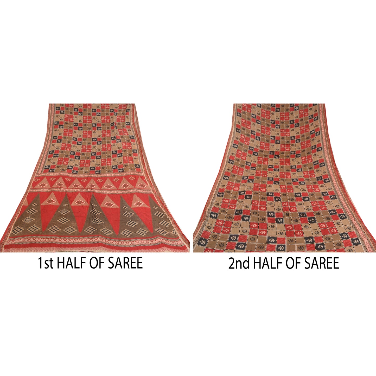 Sanskriti Vintage Sarees Red Ikat Printed Indian Pure Cotton Sari Craft Sustainable Fabric