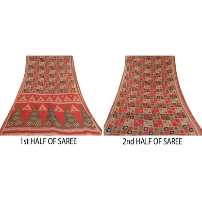 Sanskriti Vintage Sarees Red Ikat Printed Indian Pure Cotton Sari Craft Sustainable Fabric