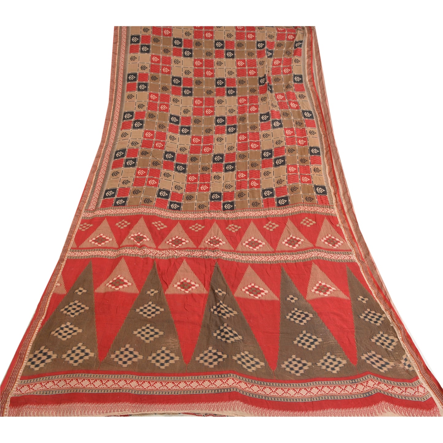 Sanskriti Vintage Sarees Red Ikat Printed Indian Pure Cotton Sari Craft Sustainable Fabric