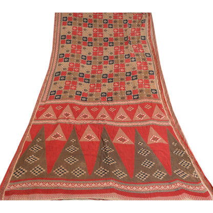 Sanskriti Vintage Sarees Red Ikat Printed Indian Pure Cotton Sari Craft Sustainable Fabric