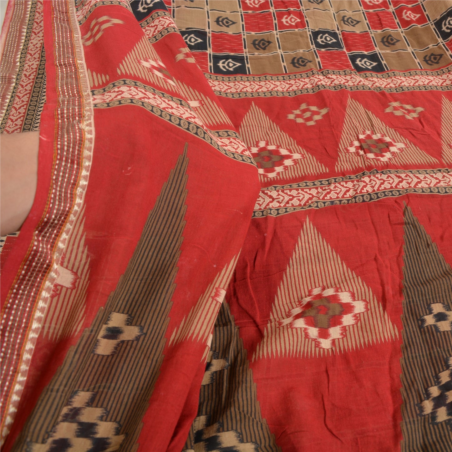 Sanskriti Vintage Sarees Red Ikat Printed Indian Pure Cotton Sari Craft Sustainable Fabric