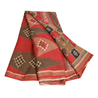 Sanskriti Vintage Sarees Red Ikat Printed Indian Pure Cotton Sari Craft Sustainable Fabric