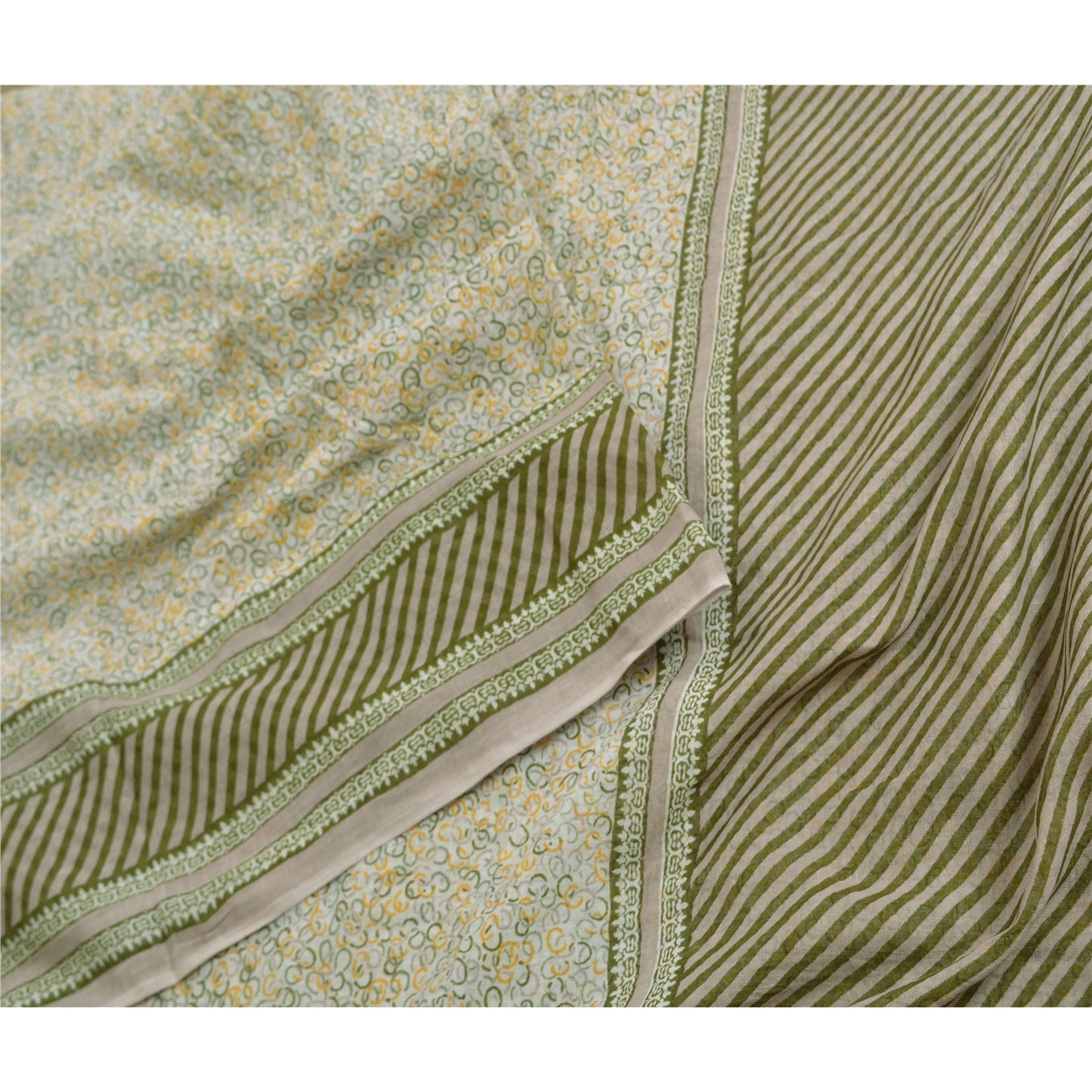 Sanskriti Vintage Ivory/Green Sarees 100% Pure Cotton Printed Sari Craft Sustainable Fabric