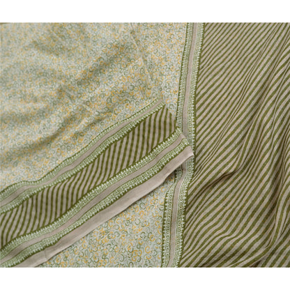 Sanskriti Vintage Ivory/Green Sarees 100% Pure Cotton Printed Sari Craft Sustainable Fabric