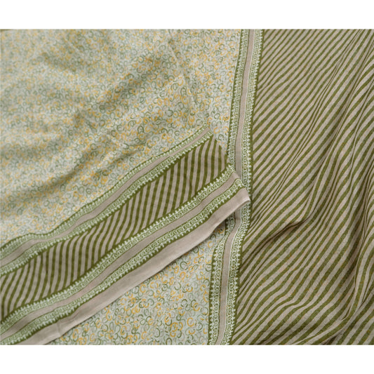 Sanskriti Vintage Ivory/Green Sarees 100% Pure Cotton Printed Sari Craft Sustainable Fabric
