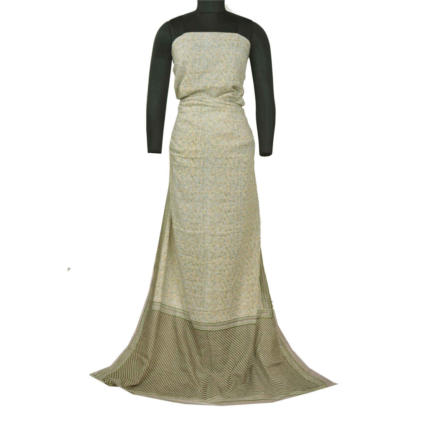 Sanskriti Vintage Ivory/Green Sarees 100% Pure Cotton Printed Sari Craft Sustainable Fabric