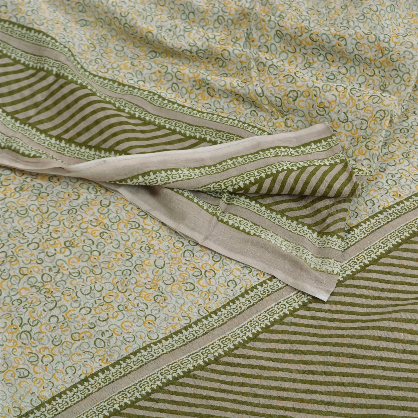 Sanskriti Vintage Ivory/Green Sarees 100% Pure Cotton Printed Sari Craft Sustainable Fabric