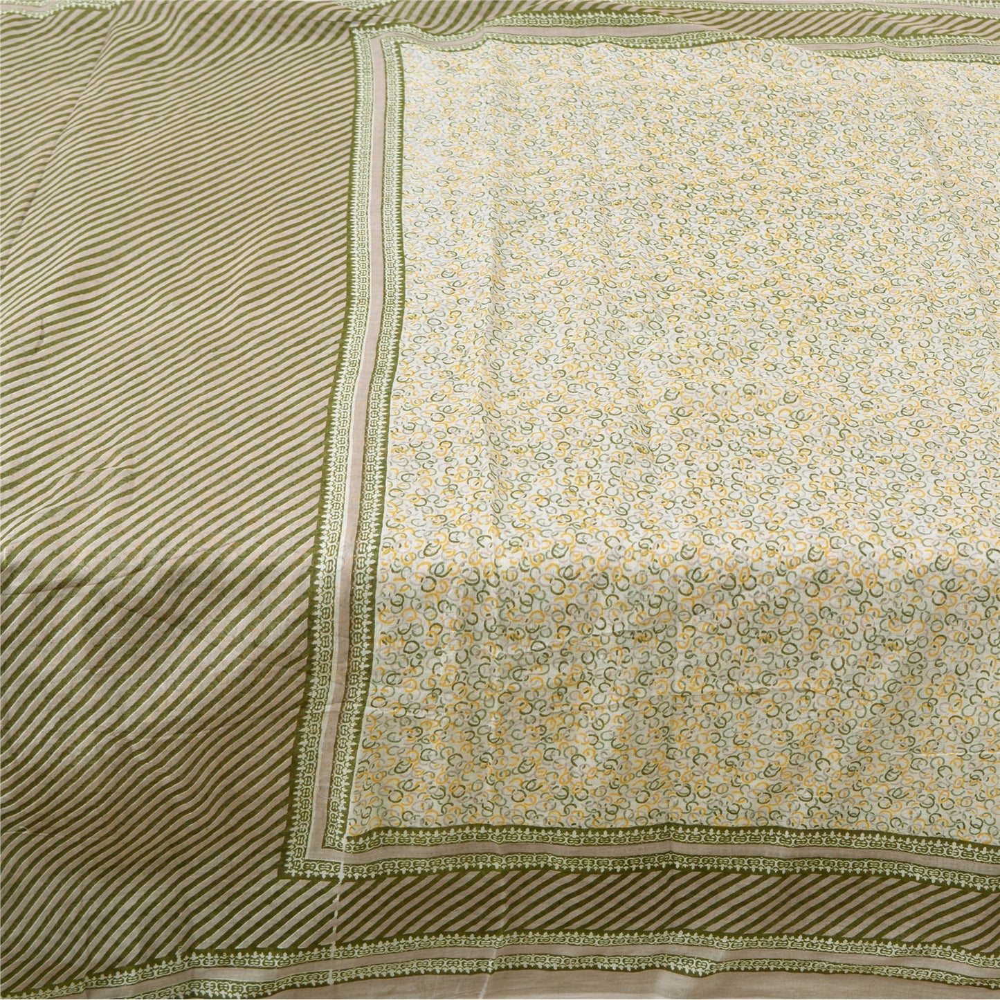 Sanskriti Vintage Ivory/Green Sarees 100% Pure Cotton Printed Sari Craft Sustainable Fabric