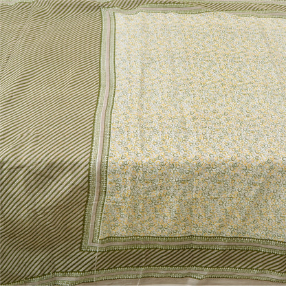 Sanskriti Vintage Ivory/Green Sarees 100% Pure Cotton Printed Sari Craft Sustainable Fabric