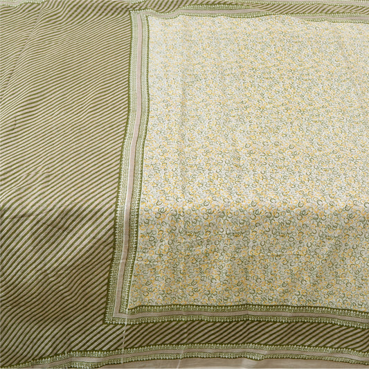Sanskriti Vintage Ivory/Green Sarees 100% Pure Cotton Printed Sari Craft Sustainable Fabric