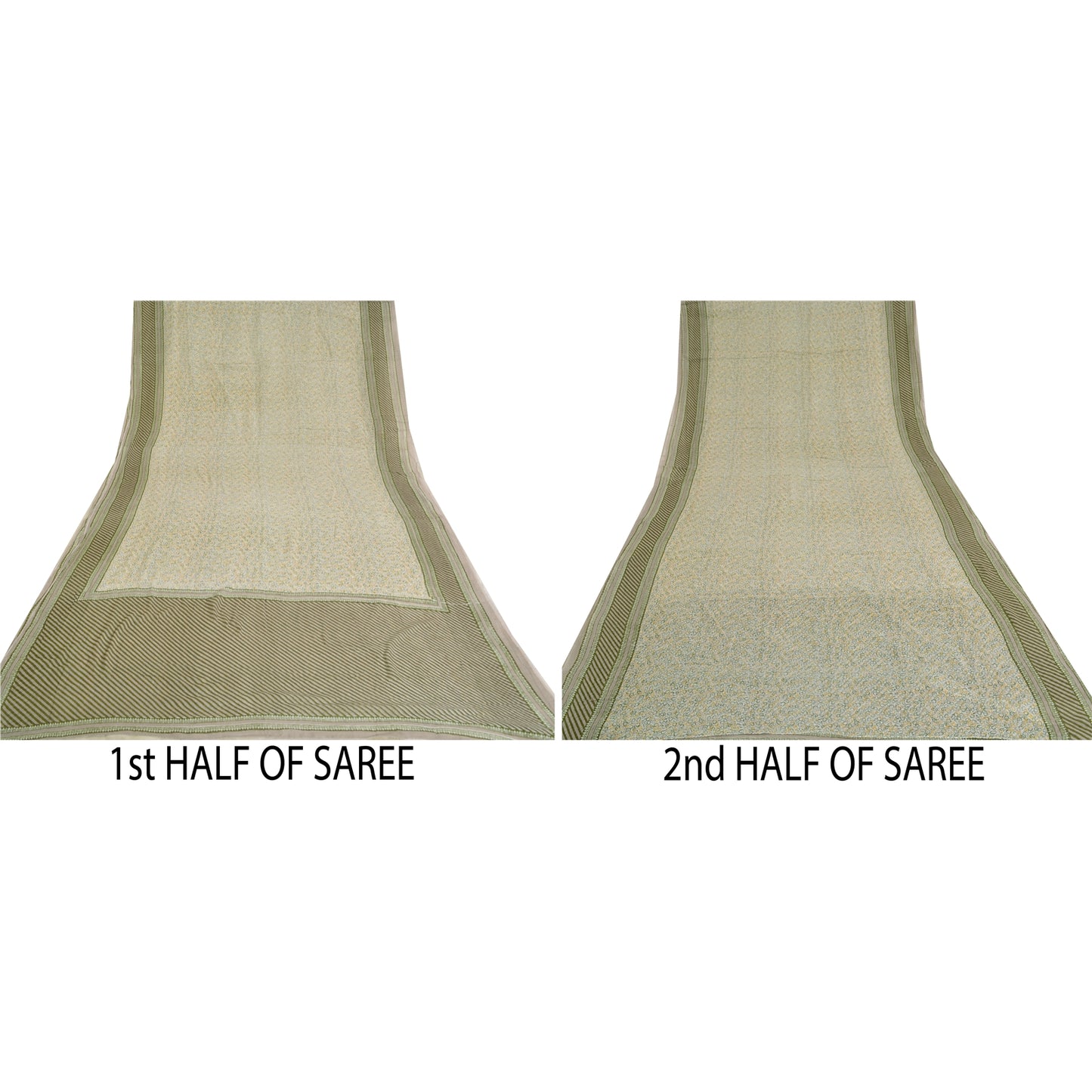 Sanskriti Vintage Ivory/Green Sarees 100% Pure Cotton Printed Sari Craft Sustainable Fabric