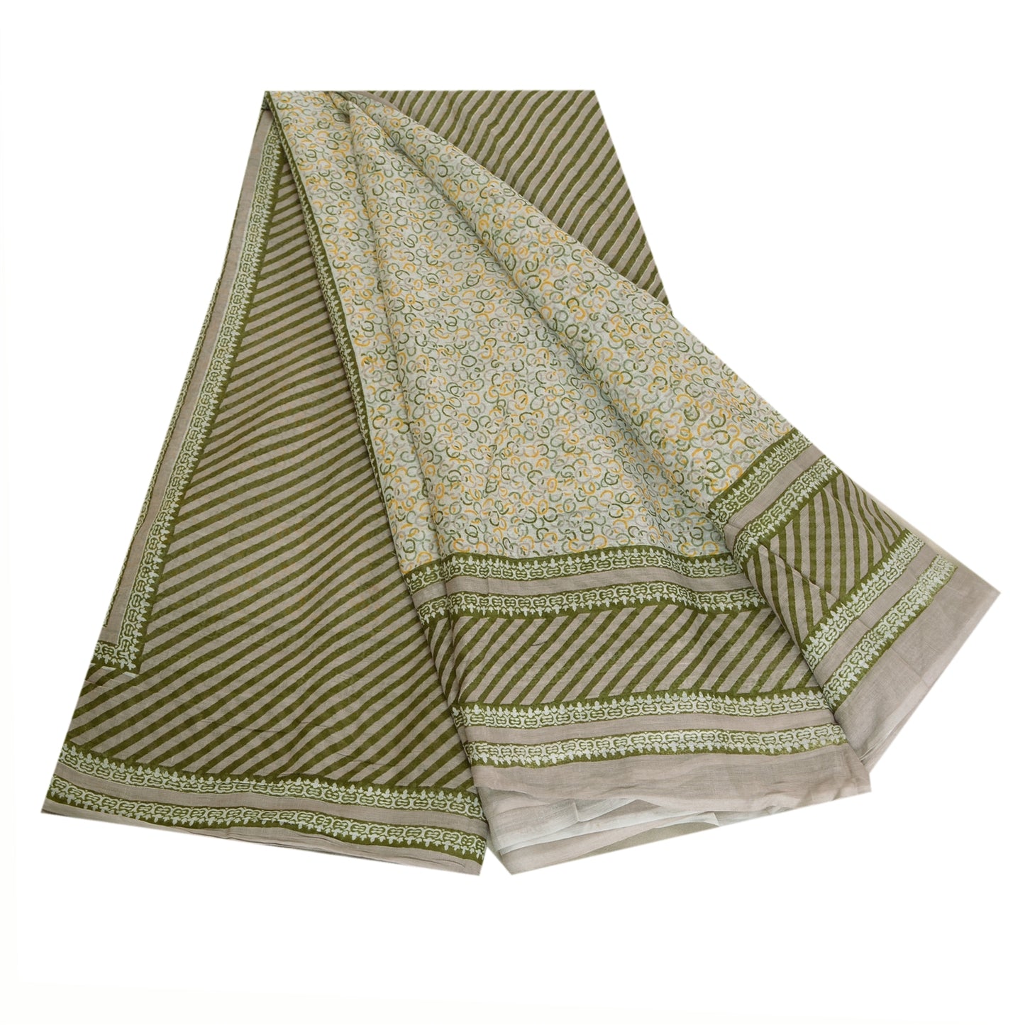 Sanskriti Vintage Ivory/Green Sarees 100% Pure Cotton Printed Sari Craft Sustainable Fabric