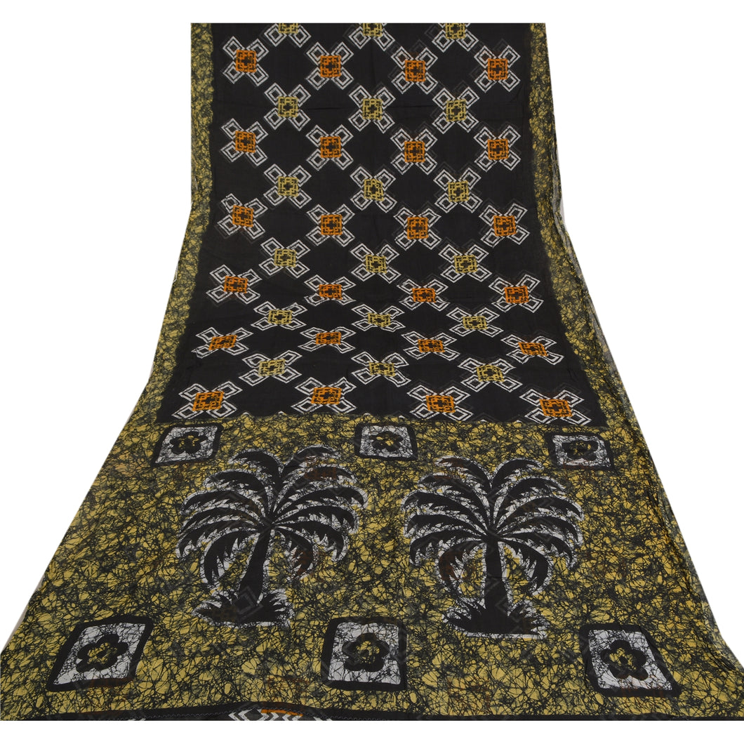 Sanskriti Vintage Black Sarees Pure Cotton Batik Printed Sari Craft 5 YD Fabric