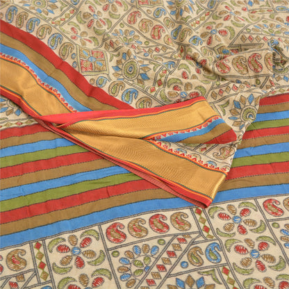 Sanskriti Vintage Sarees Cream Kantha Printed Pure Cotton Sari Soft Craft Sustainable Fabric