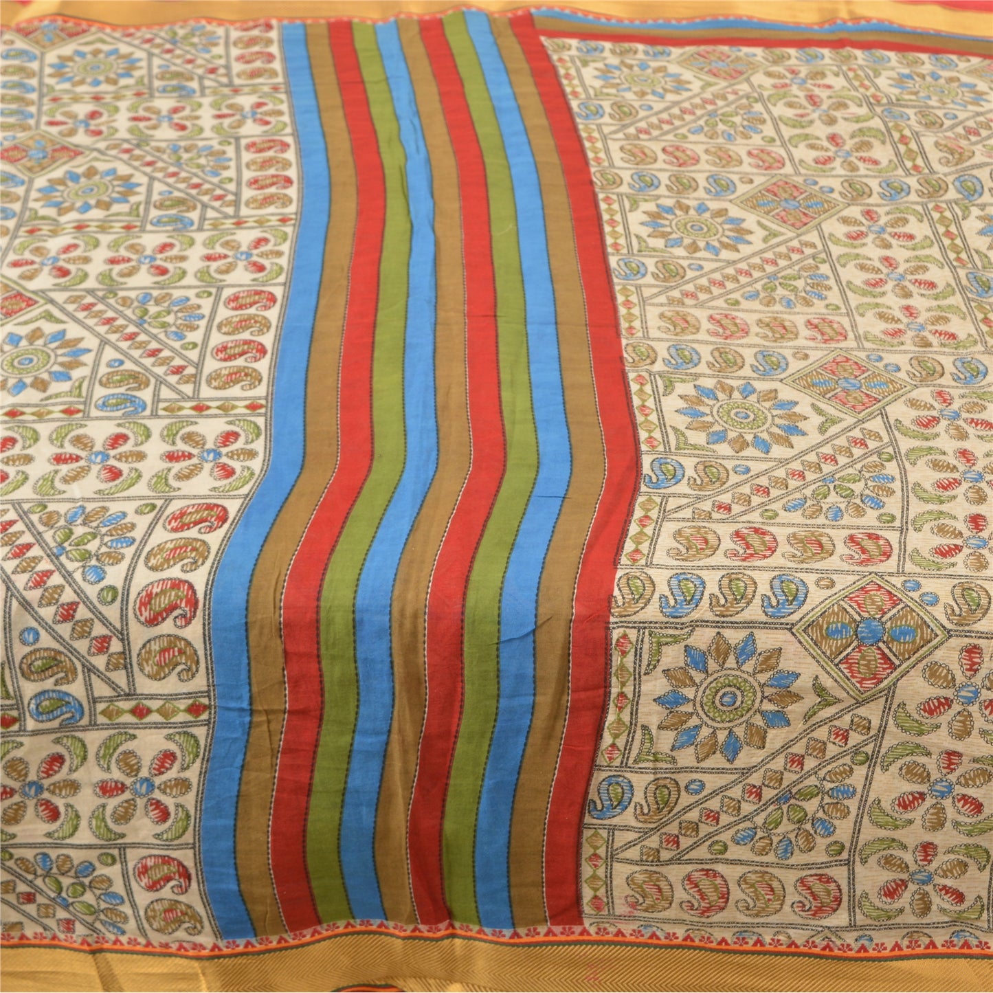 Sanskriti Vintage Sarees Cream Kantha Printed Pure Cotton Sari Soft Craft Sustainable Fabric