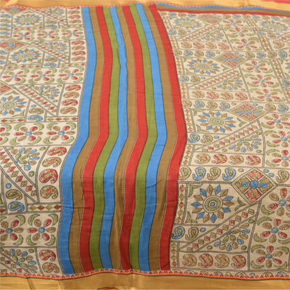 Sanskriti Vintage Sarees Cream Kantha Printed Pure Cotton Sari Soft Craft Sustainable Fabric