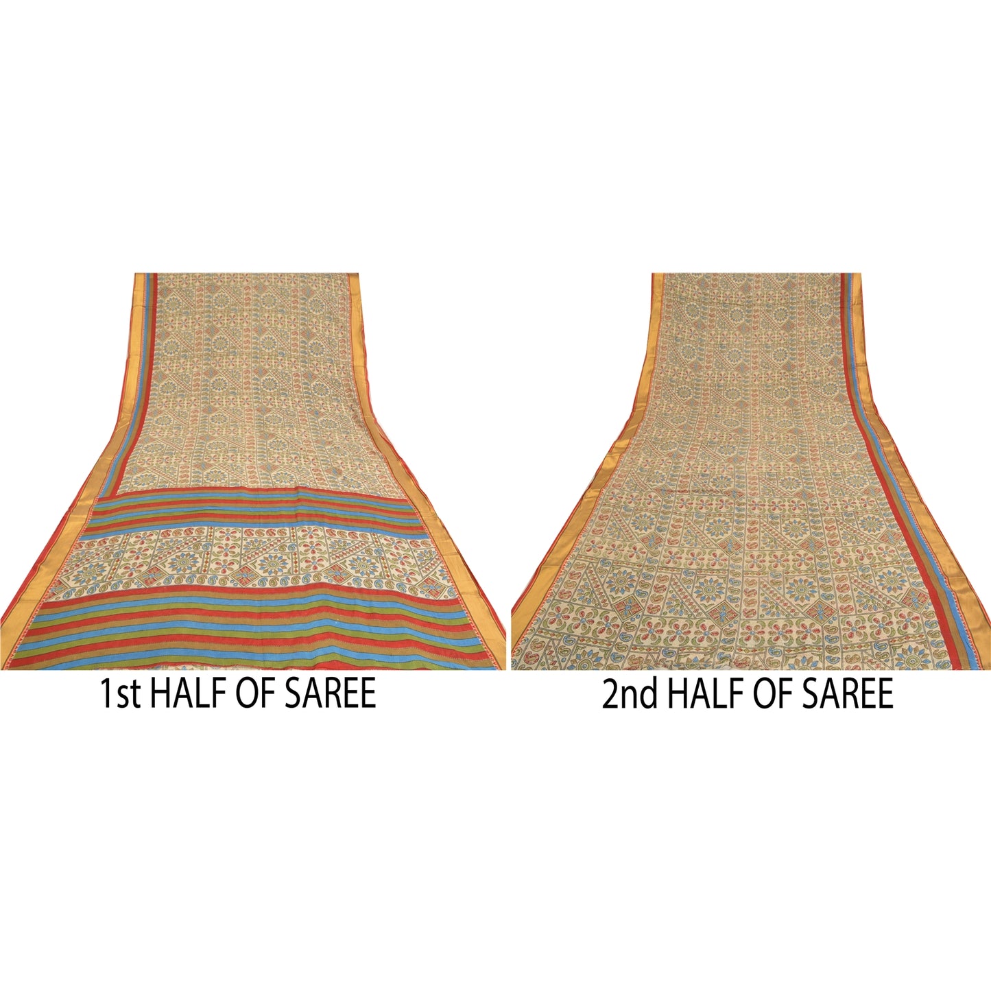 Sanskriti Vintage Sarees Cream Kantha Printed Pure Cotton Sari Soft Craft Sustainable Fabric