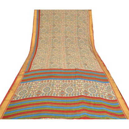 Sanskriti Vintage Sarees Cream Kantha Printed Pure Cotton Sari Soft Craft Sustainable Fabric