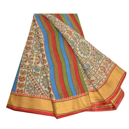 Sanskriti Vintage Sarees Cream Kantha Printed Pure Cotton Sari Soft Craft Sustainable Fabric