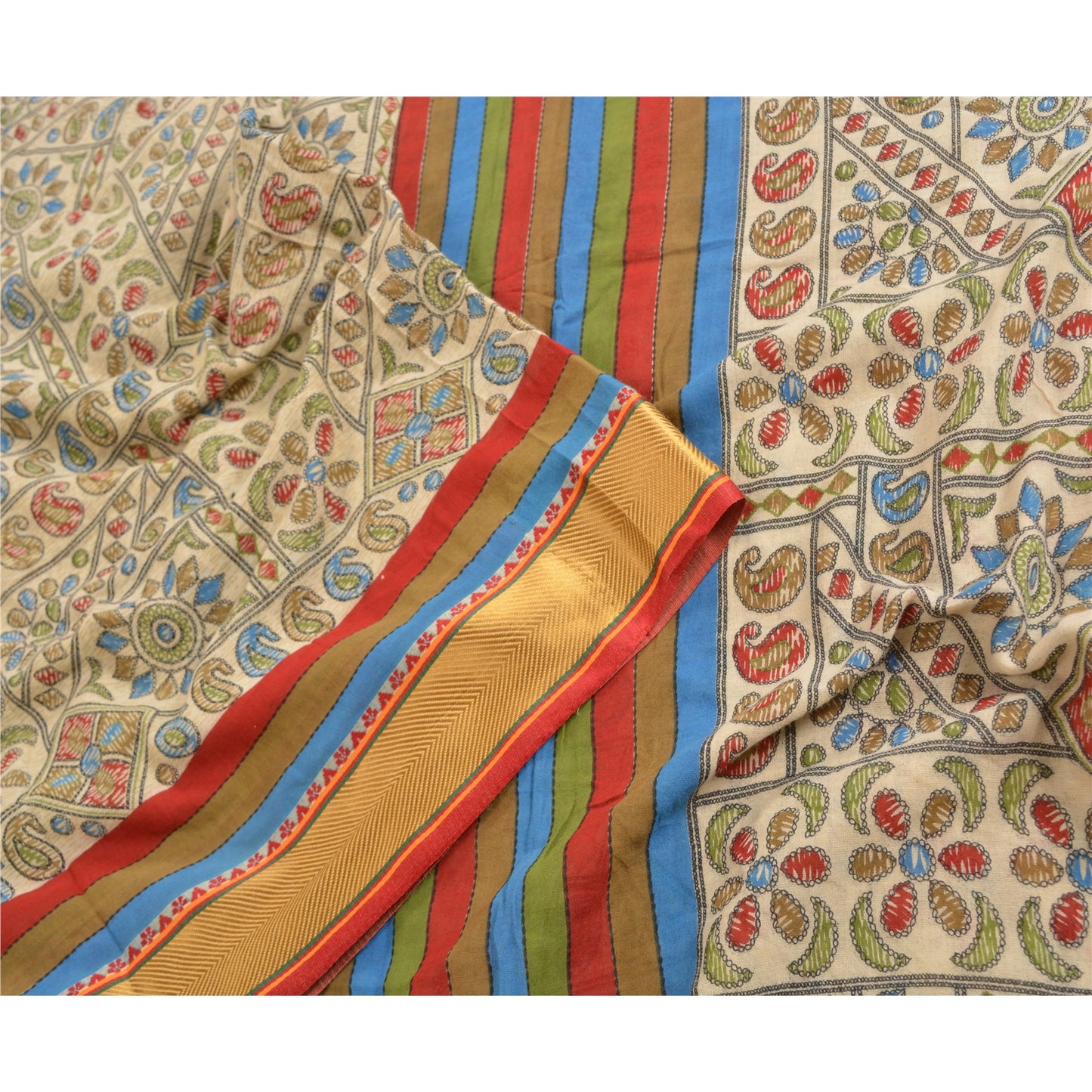 Sanskriti Vintage Sarees Cream Kantha Printed Pure Cotton Sari Soft Craft Sustainable Fabric